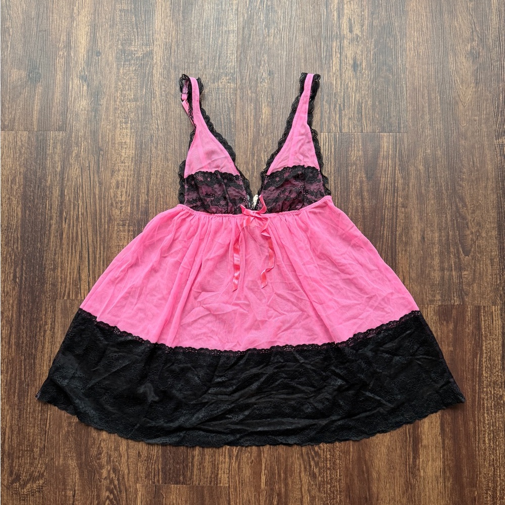 NWT Victorias Secret Pink and Black Sheer Lace Babydoll Nightie Dress - Size S